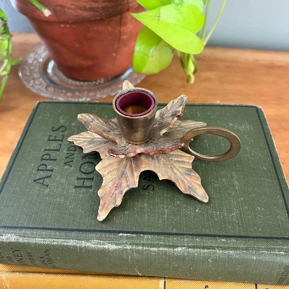 Vintage Brass Holly Leaf Chamberstick Candle Holder Finger Loop Made in India